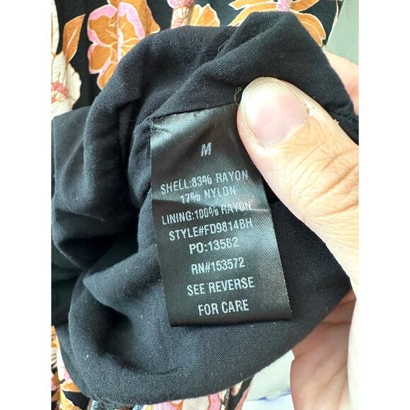BOHME | Floral Midi Dress Black Pink Brown Boho Tie Neck | Size Medium - Picture 7 of 8